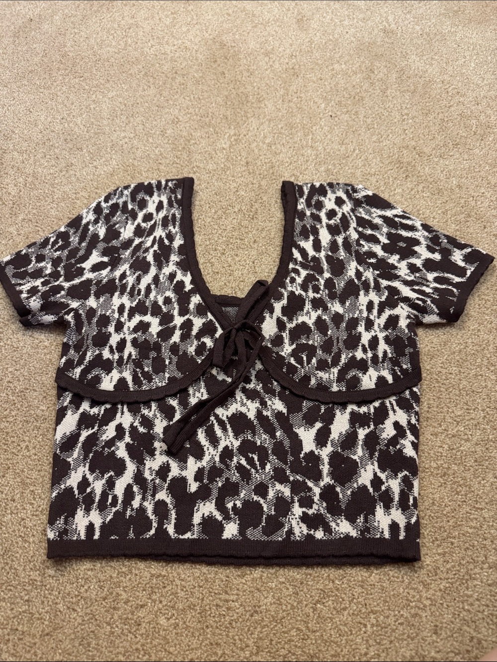 Women’s Animal Print Tie-Front Knit Top - Brown & White size Small